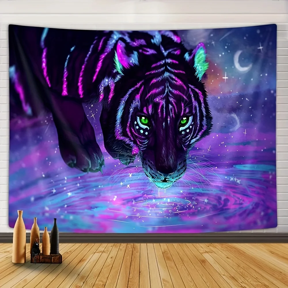 VIKAMA Drinking Tiger Tapestry Starry Sky Crescent Moon Fierce Tiger Art Mural Living Room Sofa Backdrop Wall Room Decor
