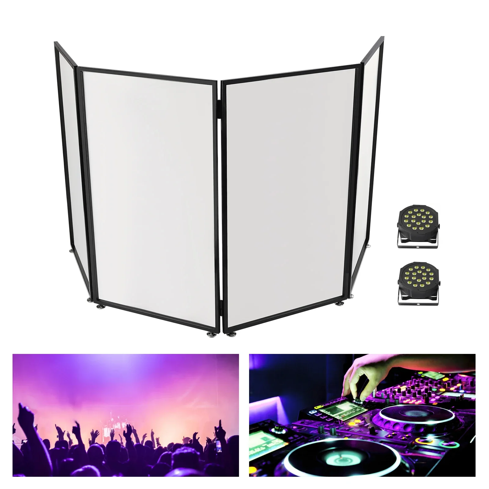 DJ Event Facade Metal Frame, 4-Panel Booth, Bag, Scrim, 2 Par Lights Portable DJ Event Facade Black/White Scrim Frame Booth