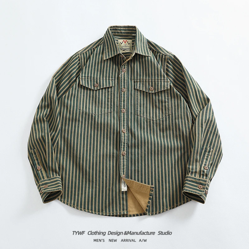 Camisa de mezclilla retro lavada con rayas verticales azules desgastadas, estilo americano, holgada, de manga larga, para hom...