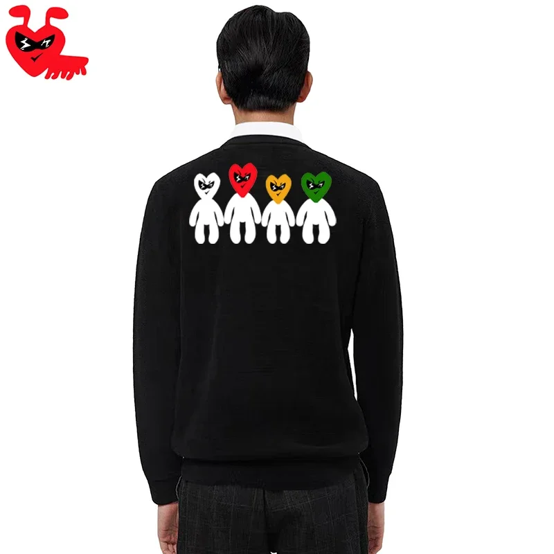 Break Egg Men V-neck Cardigan Cotton Ant Embroidered Multiple Small People Printed Single Breasted Long Sleeve Autumn Sweater