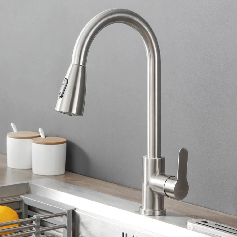 Küchenarmaturen aus gebürstetem Nickel, herausziehbar, Küchenspüle, Wasserhahn, Deckmontage, Mischer, Stream-Sprühkopf, heiße und kalte Wasserhähne, Splitter – Detail 2