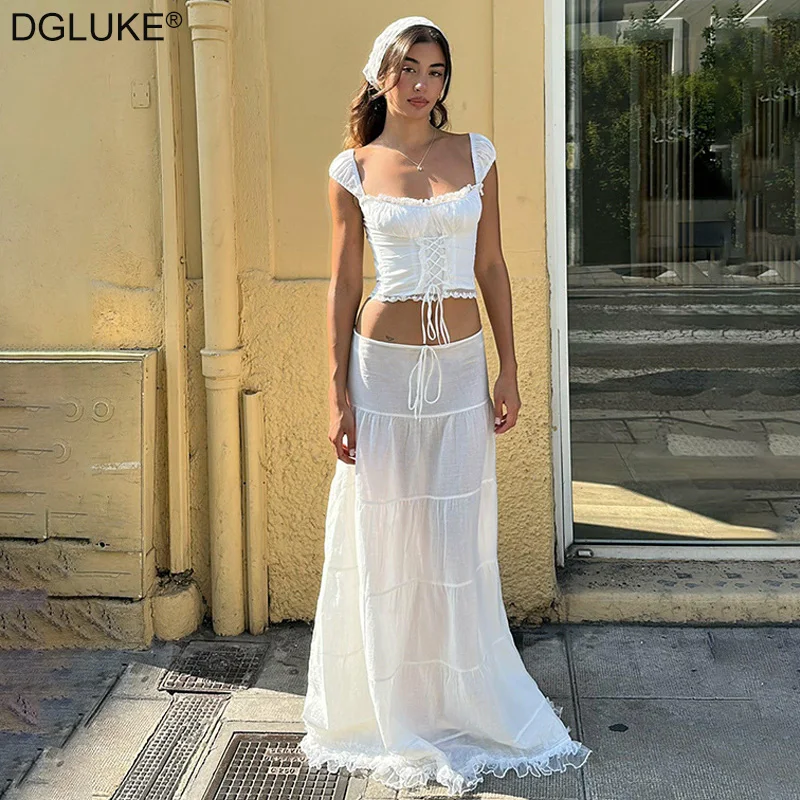 Elegant White Maxi Skirt Sets For Women 2 Pieces Summer Beach Outfits Crop Top And Long Skirt Holiday Outfits For Women 2024