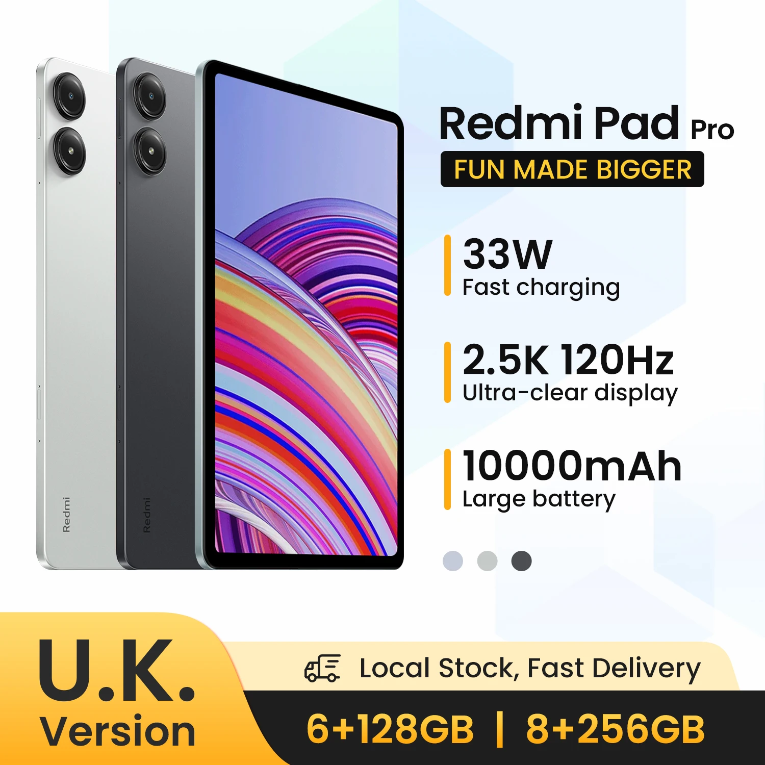 الإصدار البريطاني Xiaomi Redmi Pad Pro 12.1 "120 هرتز 2.5 كيلو عرض 10000 مللي أمبير بطارية سنابدراجون 7s Gen 2 CPU 33 واط شحن سريع كاميرا 8 ميجابكسل