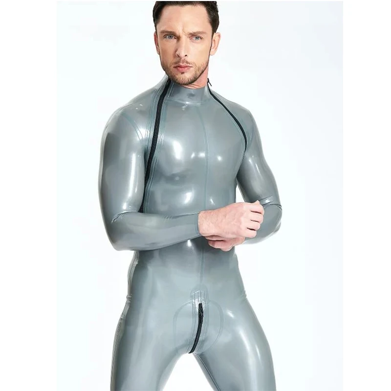 Latex Catsuit Mannelijke Schouder-Zip Catsuit Met Dubbele Diagonale Rits Rubberen Bodysuits Met Crocth Zip Voor Mannen Cosplay Kostuum