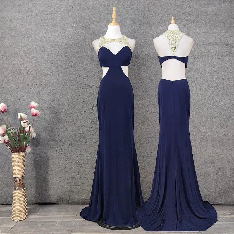 

Sexy Navy Blue Evening Dress V-neck Luxury Beaded Sleeveless Floor Length Women Wedding Celebrity Formal Banquet Prom Gowns