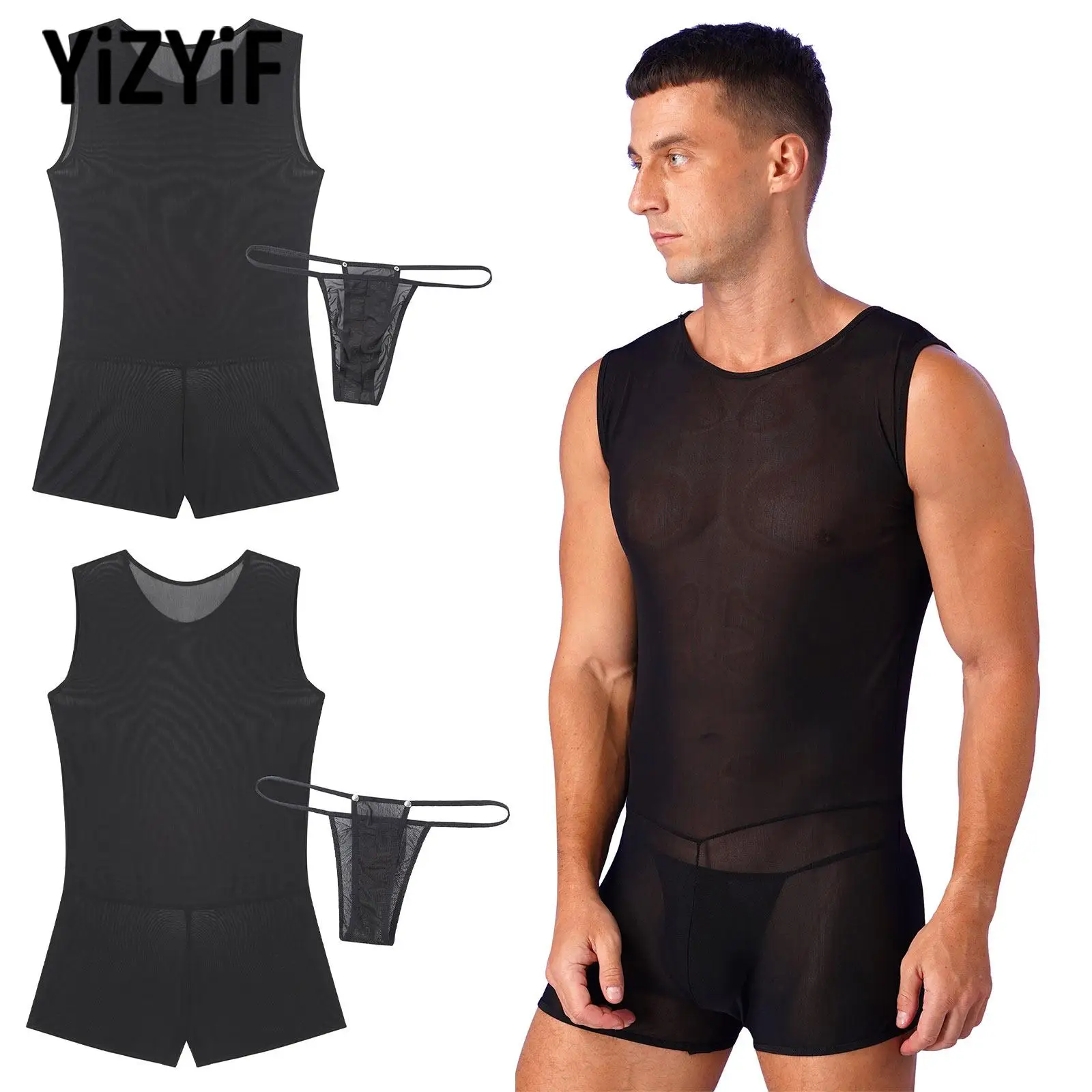 Mens See-Through Mesh Bodysuit And Thong Sleeveless Shorts Singlet Bodysuit Muscle Showing Tempting Lingerie Suit