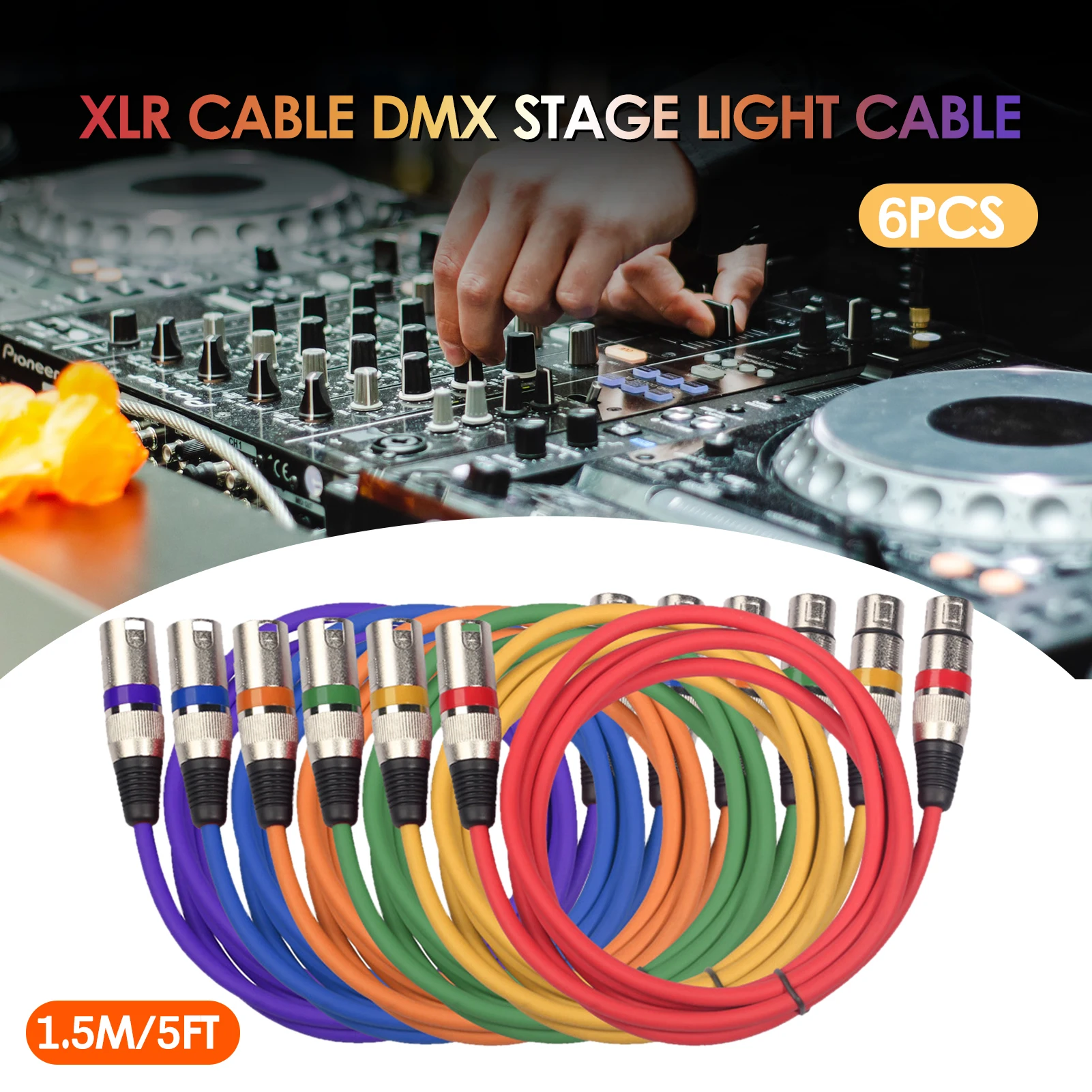 6pcs 1.5M/5ft XLR Cable DMX Stage Light Cable 3Pin XLR Male to Female for Moving Head Light Spotlight Par Light Microphone Mixer