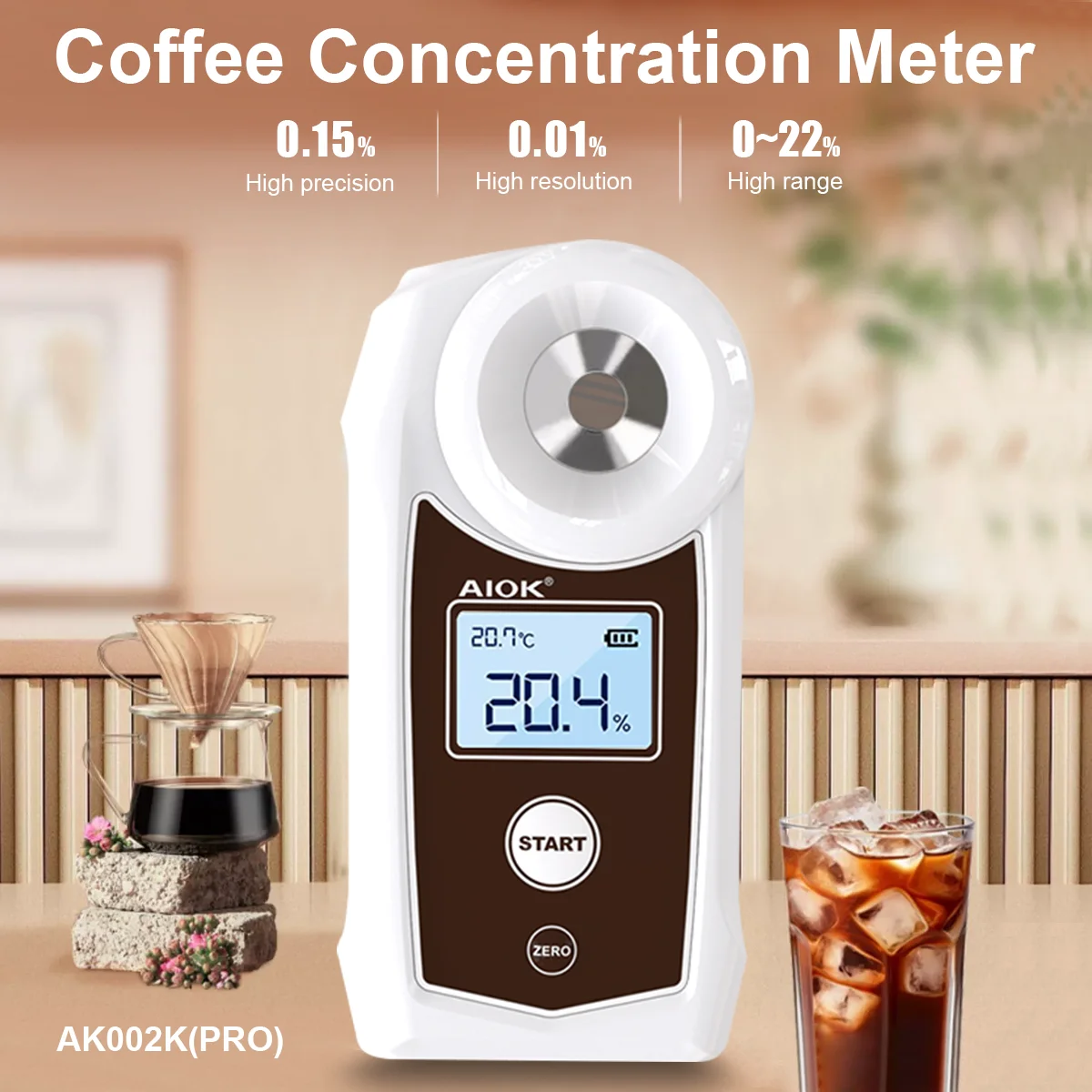 AIOK Coffee Concentration Meter Refractometer 0.01 Resolution 0-22% TDS IP67 Waterproof Washable 0-40 ℃ Temperature Compensation