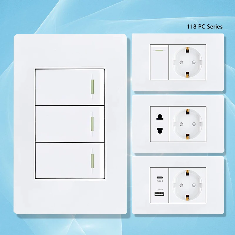 

EU Korea Power Plug with 16A Usb Wall Socket,Electric 2Way Light Switch Panel,Universal USB Type-C 20W Fast Charging Outlet 220V