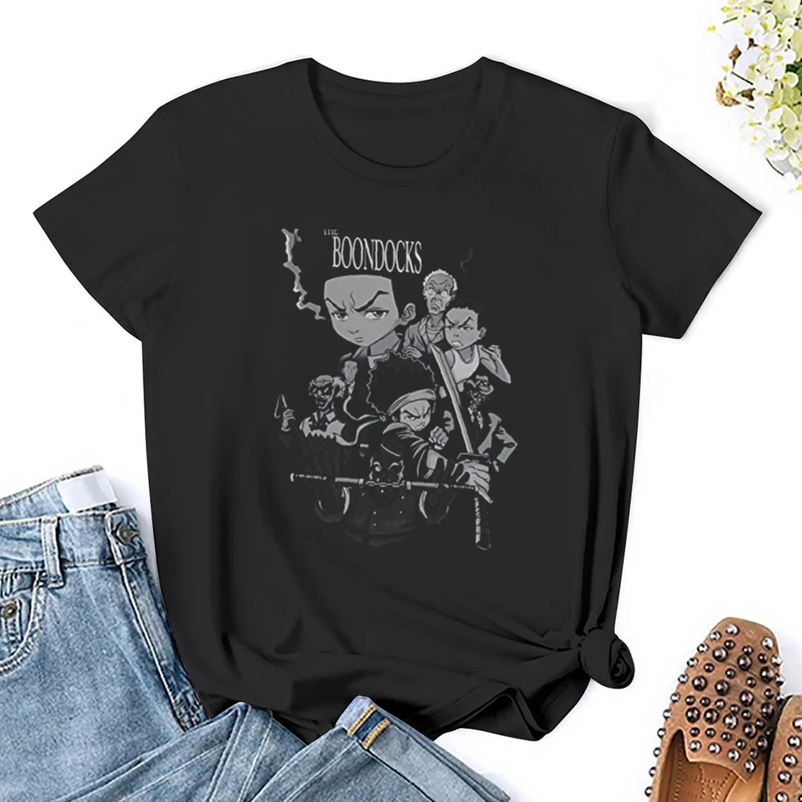 Camiseta dos desenhos animados feminina The Boondocks, blusa extragrande, moda coreana