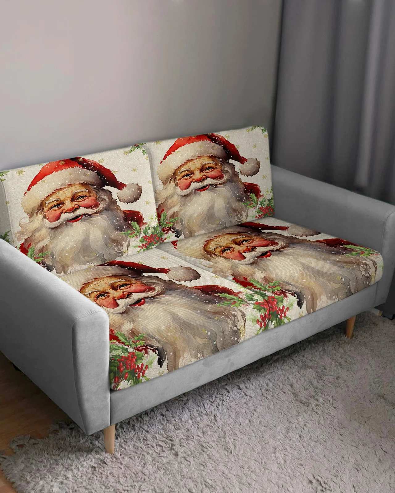 Christmas Santa Claus Snow Berries Sofa Seat Cover for Living Room Elastic Sofa Cushion Cover Furniture Protector for Home