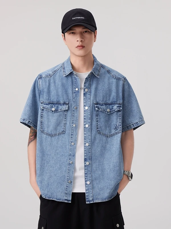 

High-End Casual Loose Fit Short Sleeve Denim Shirt Men's Summer Thin Style Versatile Casual Half Sleeve Shirt Turn-down Collar