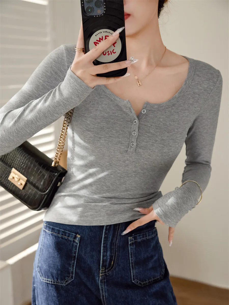 Korea Stylish Women's T-Shirts Ribbed Base Layering Tops Button Full Sleeve Solid Color Elegant Slim Stretch Female Blouse C5433