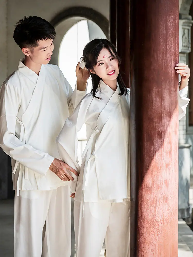 Unisex Hanfu Inner Shirt Pants Black White Top Pajama Chinese Traditional Ancient Underwear Cross Collar Loungewear Daily Wear