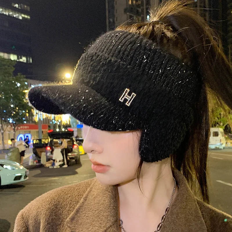 Autumn Winter Warm Baseball Caps Women Cycling Knitted Ear Protection Cap Empty Top Earmuffs Woolen Hat