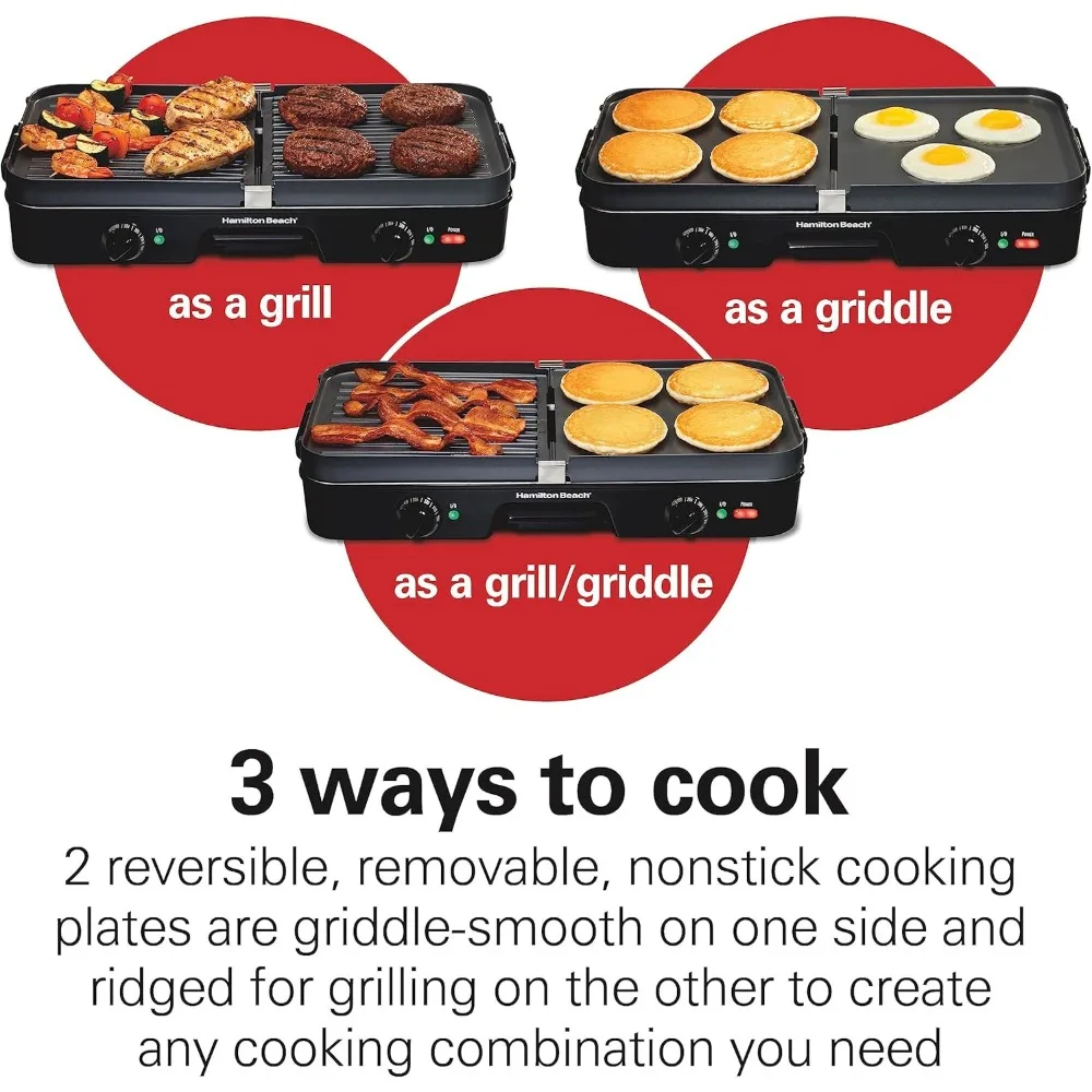 3-in-1 Electric Indoor Grill + Griddle,8-Serving,Reversible Nonstick Plates,2 Cooking Zones with Adjustable Temperature