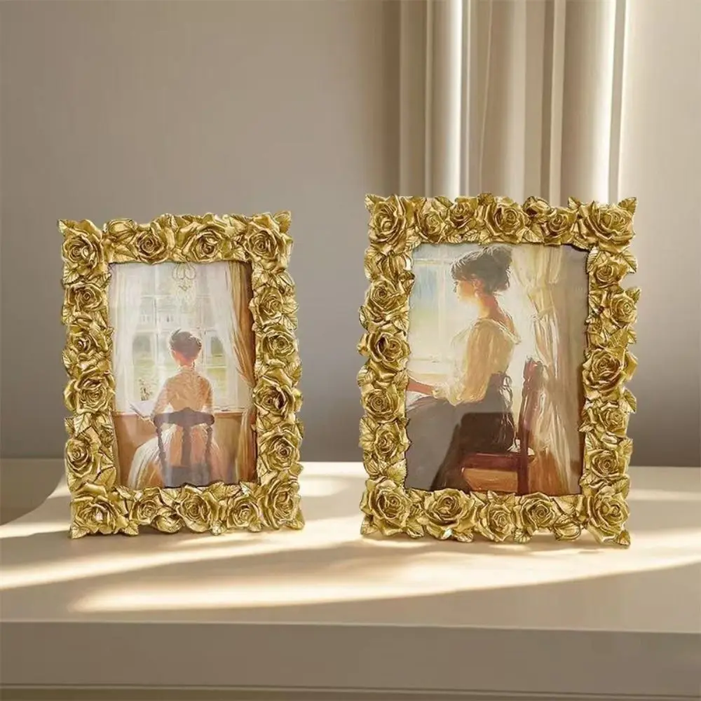 

European Style Rose Edged Picture Frame 5/6/7 Inch Gold Photo Frame Retro Rectangular Photo Props Frame Ornaments For Desktop