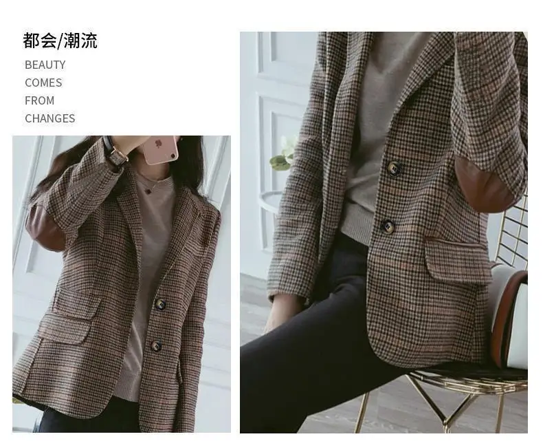 Woolen Plaid Small Suit Jacket for Women in Spring and Autumn 2025 New Short Style Korean Version Oversized Retro Women\'s Suit