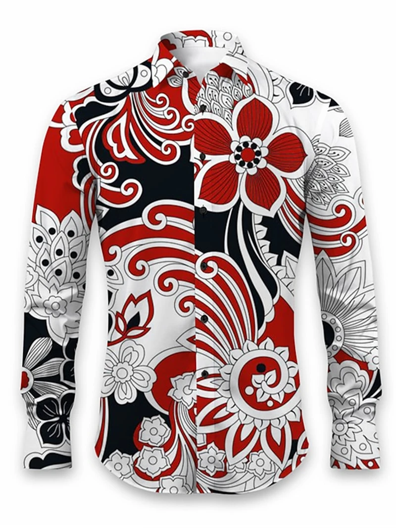 Men's Four Seasons Fashion Flower Element Theme Long Sleeve Top Casual Retro Long Sleeve Shirt Harajuku Street Wear Men's Shirts