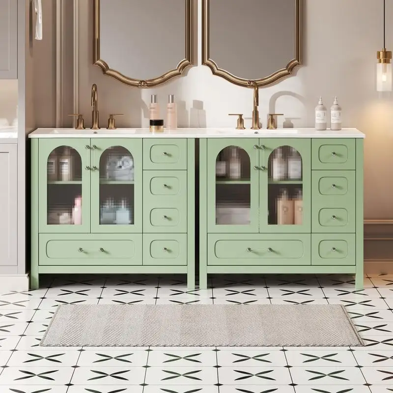 *v Modern Waffle Texture Double Sink 8 Drawers 4 Soft-Close Doors Glass Storage Stylish Floor Standing Bathroom Vanity