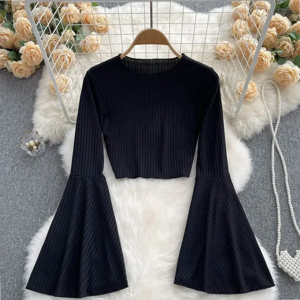 

Hotsweet Elegance Casual Fashion Flared Sleeve Short Slim T-shirt and Blouses Top Summer Spring Clothes for Woman Basics O-neck