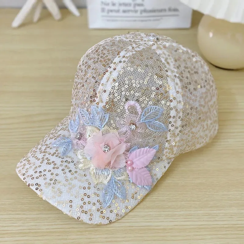 Summer Lace Mesh Sun Hat Breathable Sequins Baseball Cap Sunshade Versatile Duck Tongue Hat Hip-hop Hat Adjustable Rebound Cap