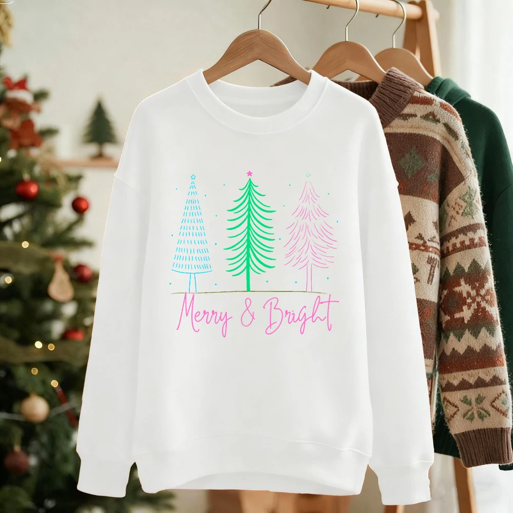 Merry Bright Christmas Trees Stampe Felpe da donna Girocollo Nozioni di base Felpe con cappuccio in pile Caldo pullover allentato Abbigliamento casual invernale