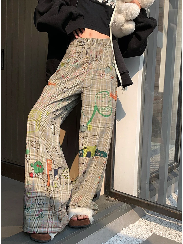 Women's Baggy Y2k Plaid Pants Streetwear Graphic Print Pants Vintage Harajuku High Waist Wide Leg Trousers Fashion Clothes 2024