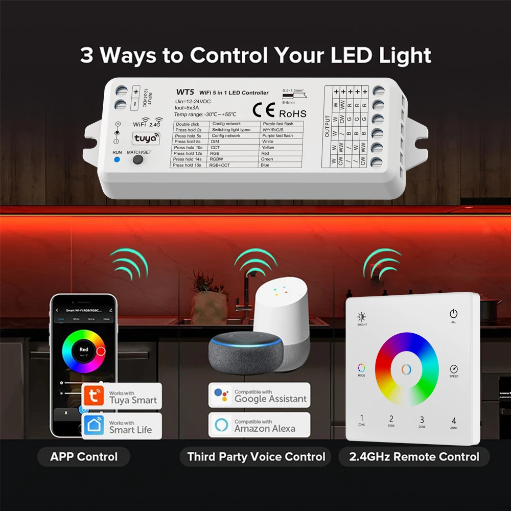 TUYA WiFi 5 In 1 LED Controller KIT RF 2.4G Glass Wall Mounted Touch Panel RGBCCT LED Smart Dimming Control DC 12V 24V Dimmer