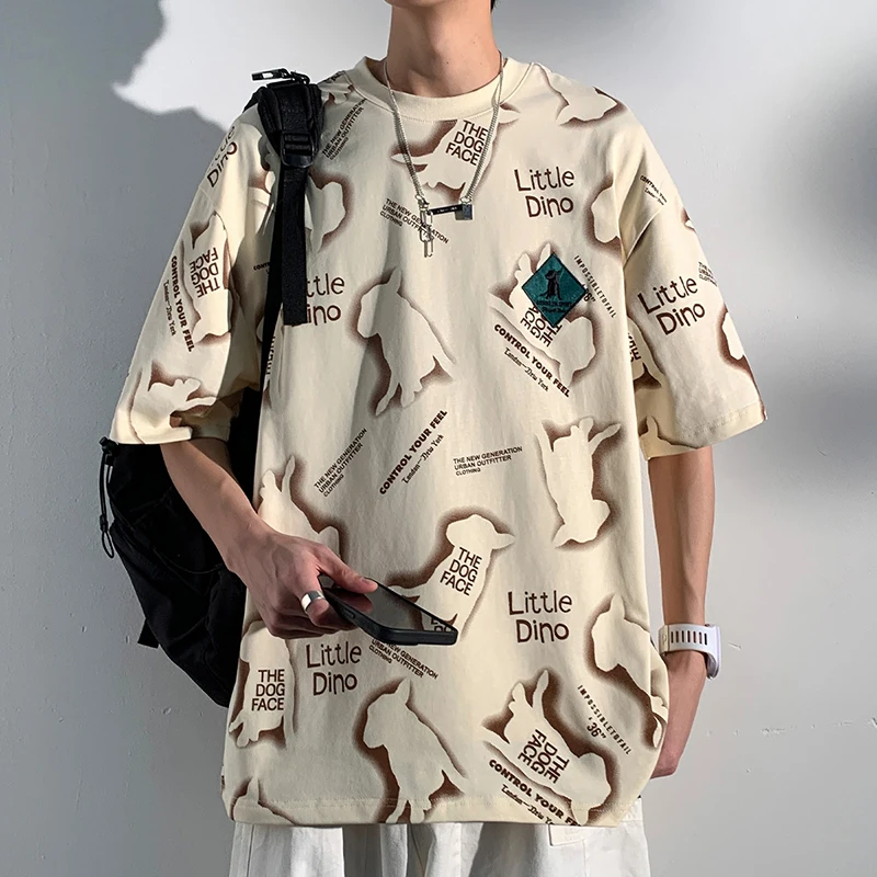 

Fashion Loose Spliced Printed Letter Cartoon T-Shirts Men's Clothing 2024 Summer New Oversized Casual Tops All-match Tee Shirt