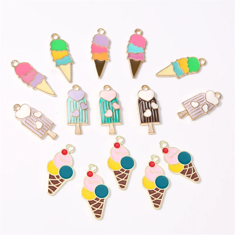 10 Stück niedliche, gemischte Emaille-Anhänger mit Sommer-Essen-Motiven (Eis am Stiel, Eiscreme) für die Schmuckherstellung, Ohrhänger, Halsketten, DIY-Bastelarbeiten, Geschenke – Detail 3