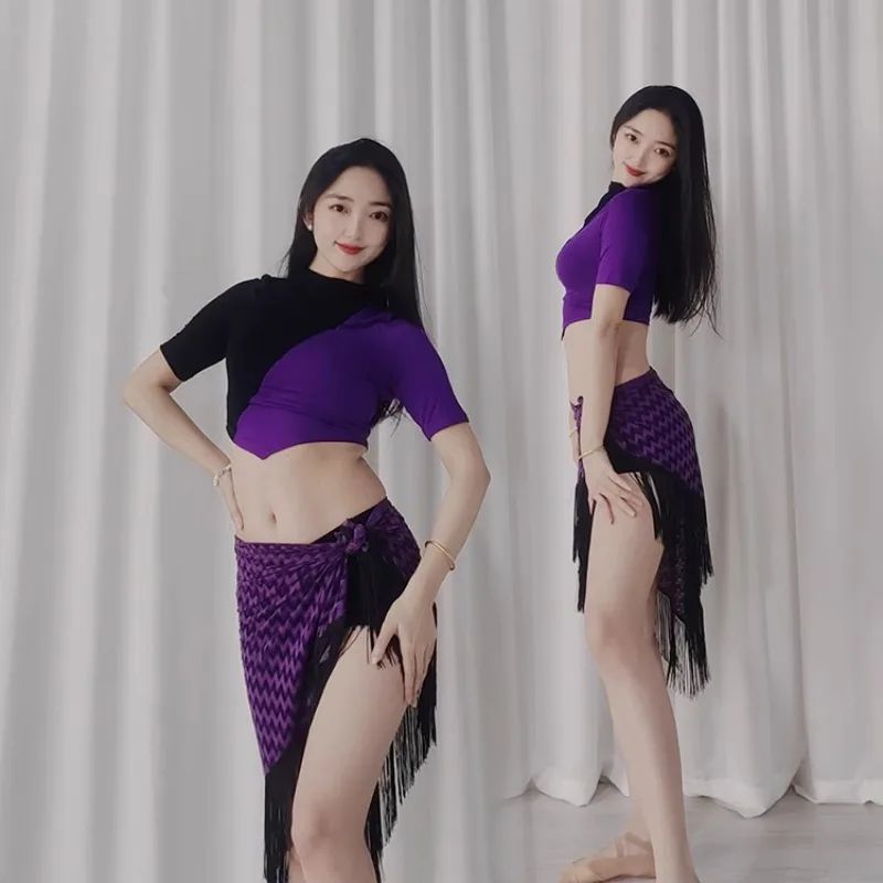 Customized Belly Dance Costumes Practice Outfit Black Purple Color Blocked Top Practicing Modal Wavy Triangle Tassel Hip Scarf
