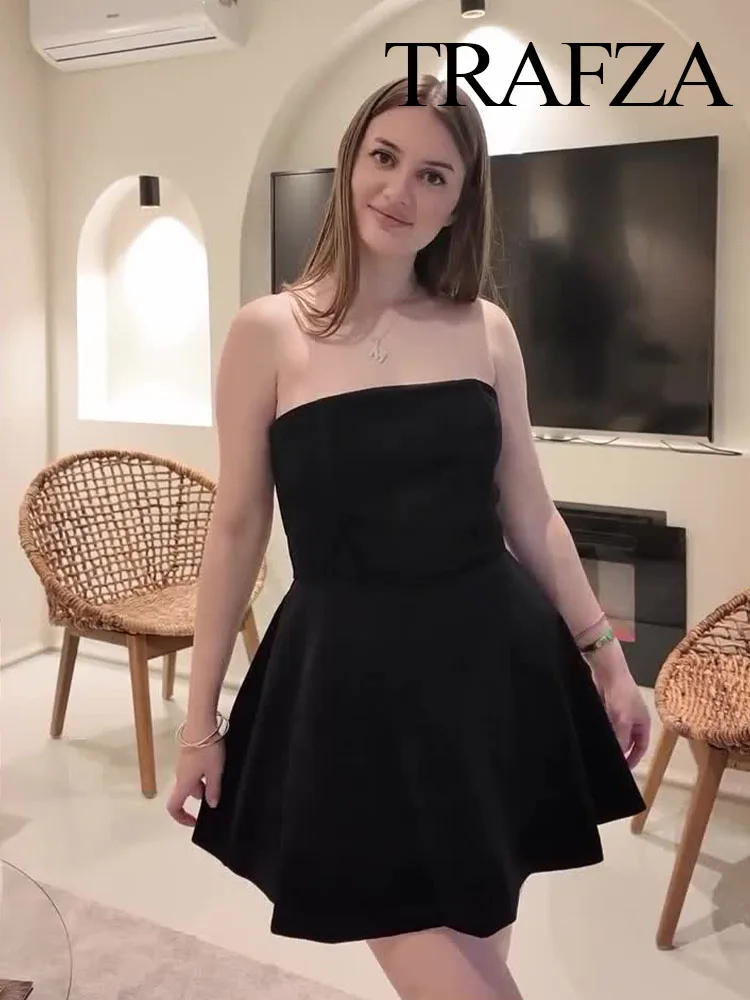 

TRAFZA Women Summer New Fashion Chic Mini Dresses Black Strapless Sleeveless Backless Zipper Female Sexy Slim A-Line Dress