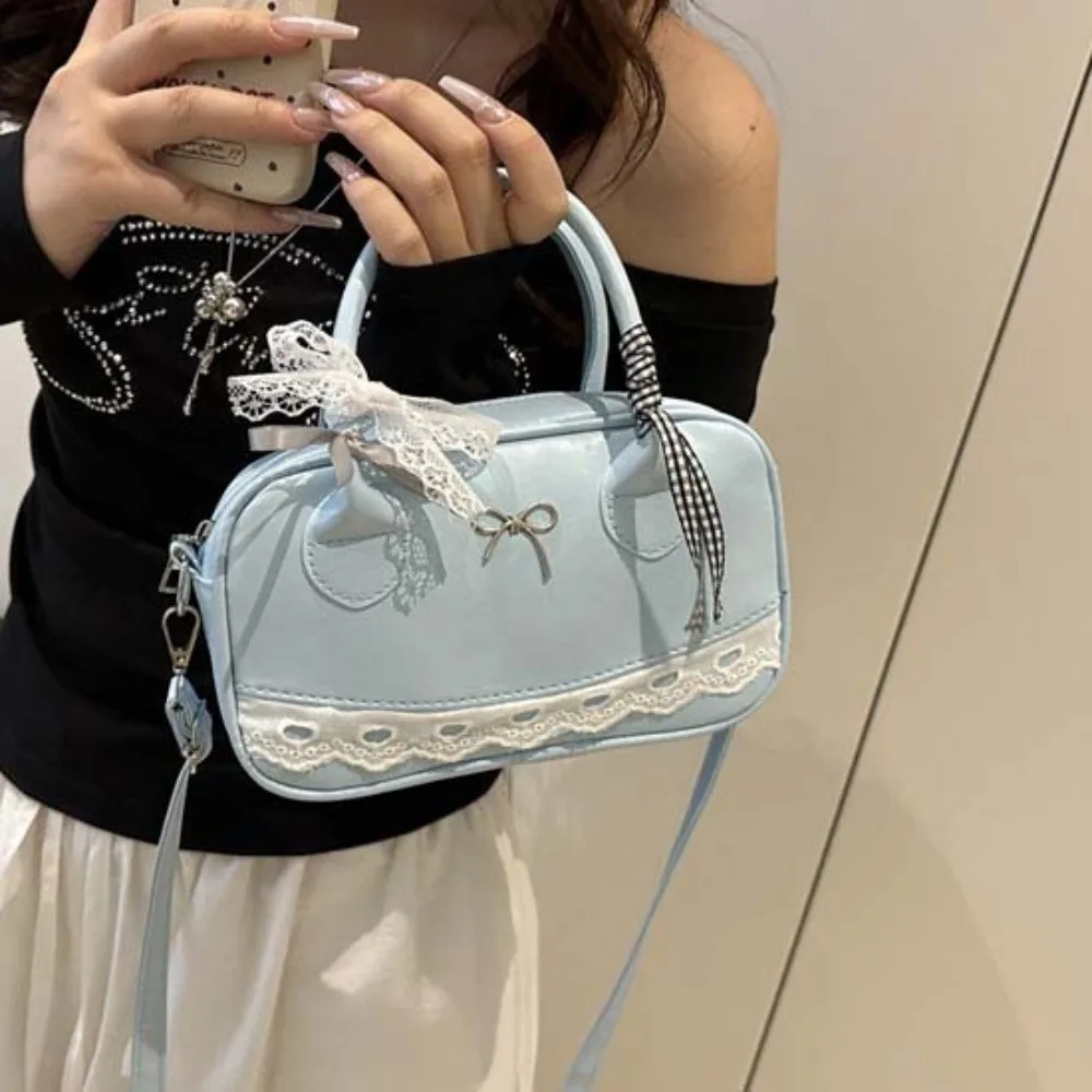 كل مباراة بو الجلود بوسطن حقيبة يد القوس شريطة من الدانتيل Crossbody البولينج حقيبة الملمس الكورية نمط حقيبة مربعة صغيرة يوميا