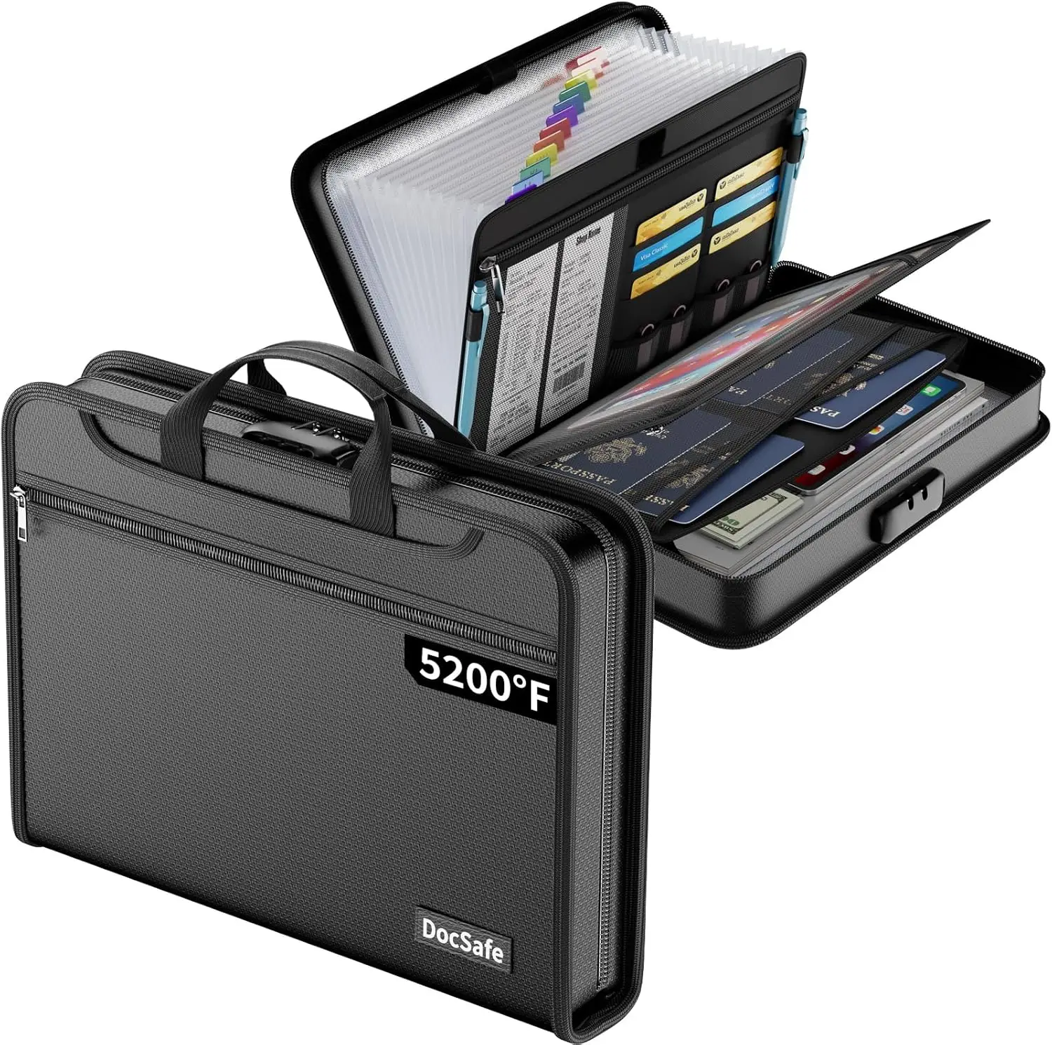 

Fireproof Water Resistant Expanding File Folder with Lock, Multi-Pocket Organizer for Letter Size Files, Black