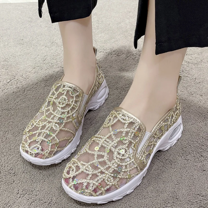 Air Coushion Loafers for Women Autumn 2024 Breathable Mesh Silver Glitter Casual Shoes Woman Slip On Platform Moccasins Plus 42