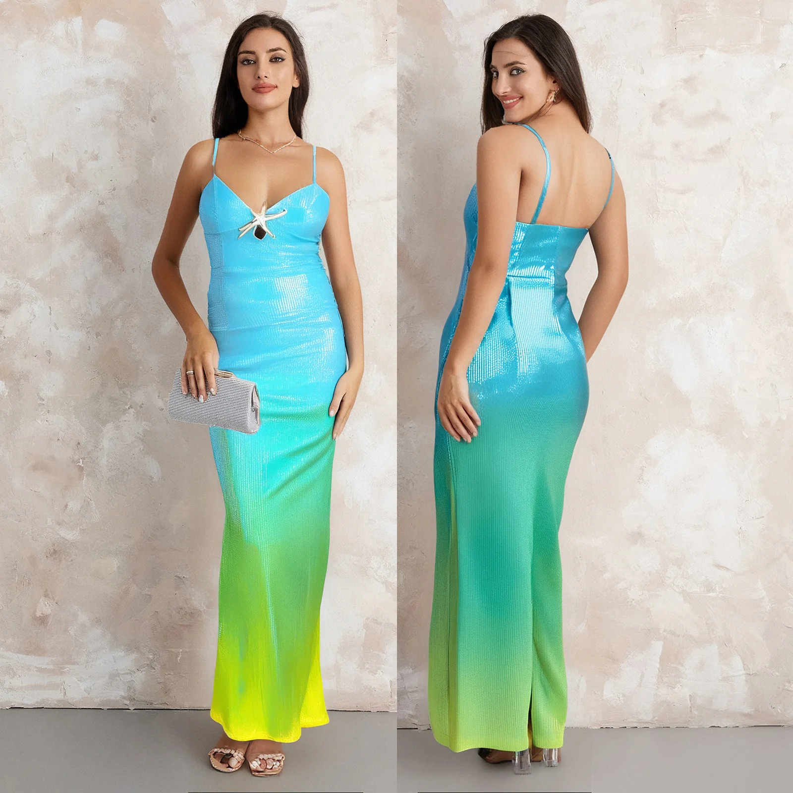 2025 damska patchworkowa sukienka na ramiączkach w gradientowym kolorze 3D rozgwiazda bez rękawów Spaghetti pasek dekolt w serek obcisła długa sukienka