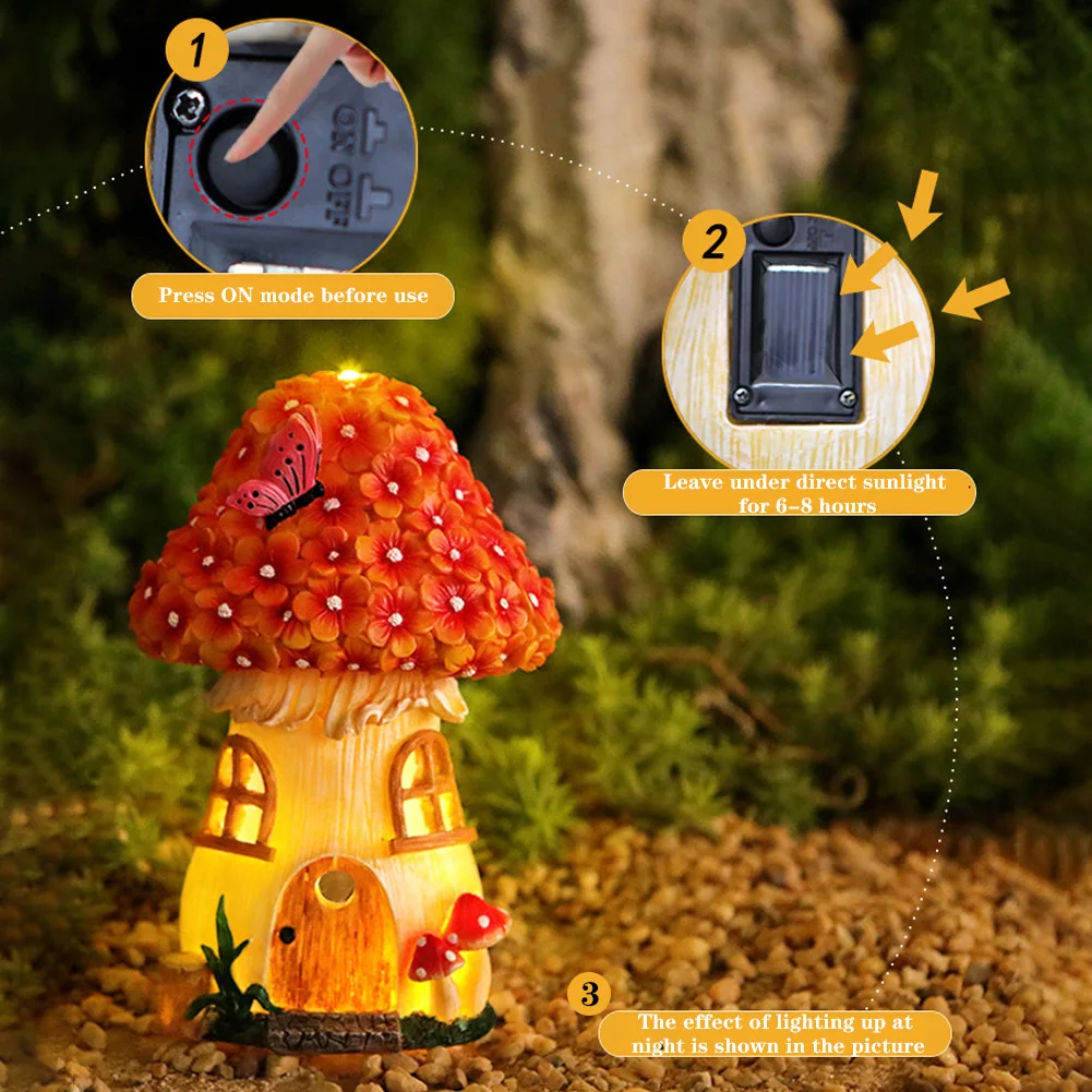 Outdoor Solar Lights Mushroom Sculpture Waterproof Resin Fairy House Night Lights For Gardens Balconies Home Decoration Lamp