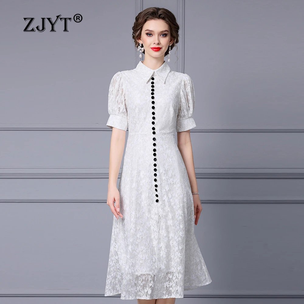 

ZJYT Fashion Women's Summer White Lace Dresses 2024 Elegant Vestidos Feminino Short Sleeve Midi Party Dress Single Breasted Robe