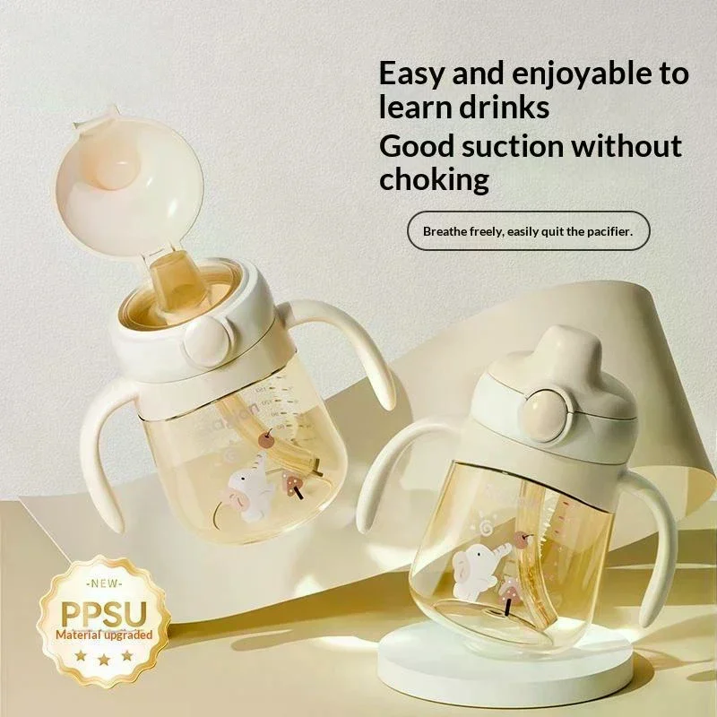 PPSU Baby Duckbill Sippy Cup 280ml Anti Choke Straight Drinking Bottle Double Handle Leakproof Learning Water Cup For 6 Months