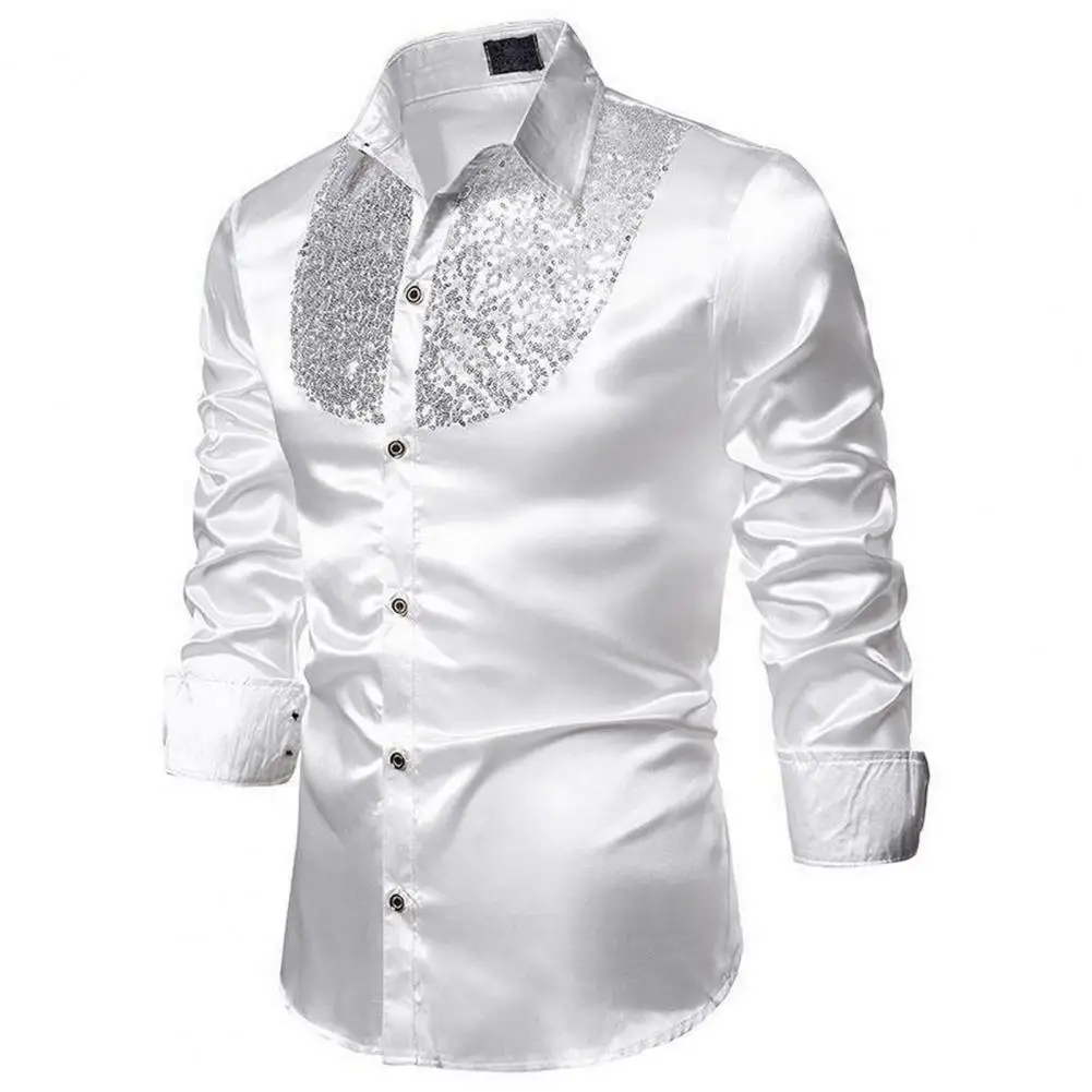 

Shiny Shirt Sequin Wedding Dress Shirt for Men Lapel Long Sleeve Button-down Slim Fit Business Top with England Style Shine