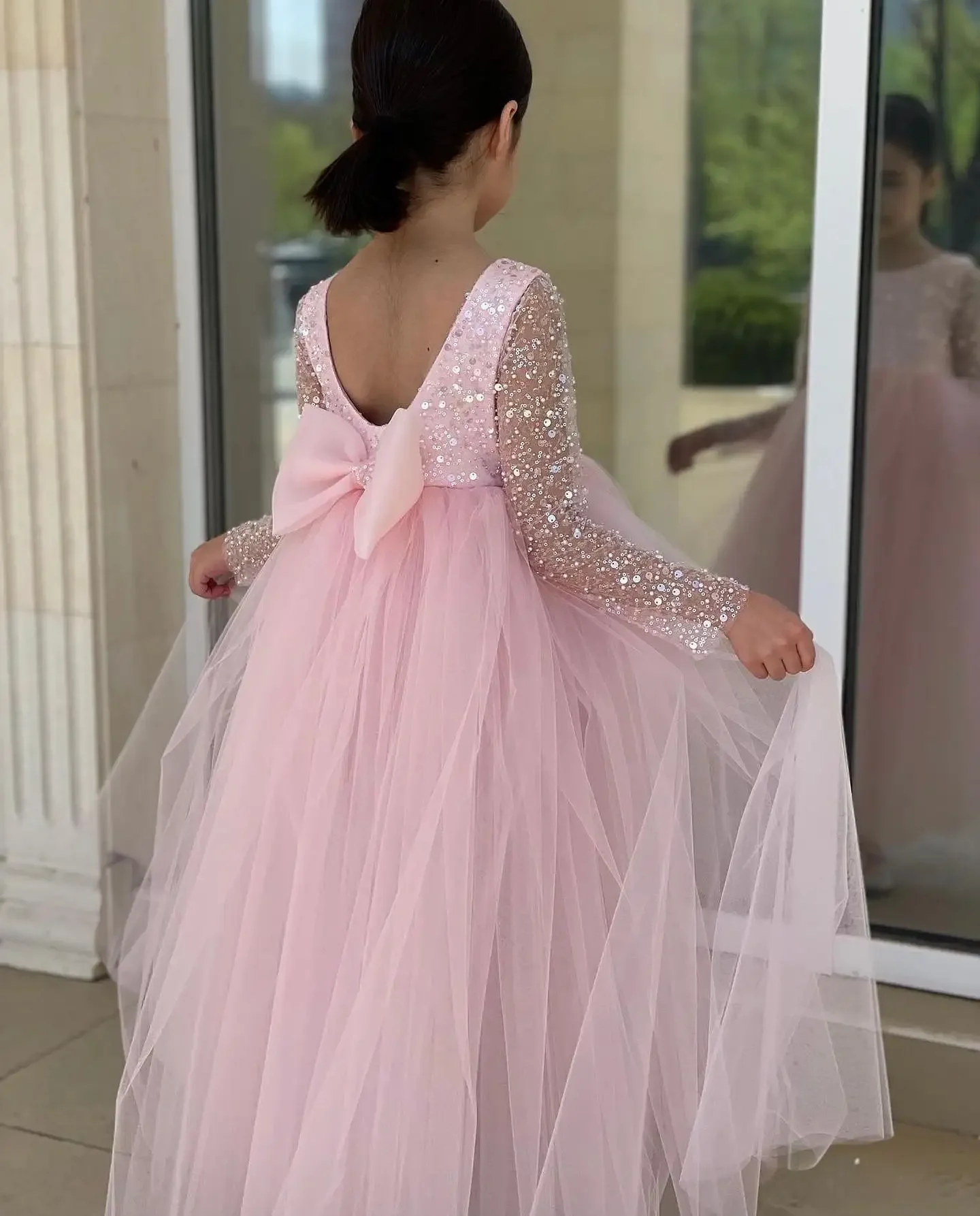 Vestido de niña de flores con lentejuelas rosas 7-16 vestido de tul de manga larga para fiesta de cumpleaños para jóvenes vestido de gala hasta el suelo