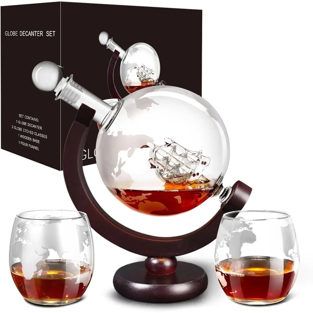 

Men's Christmas Gift: 850ml Globe Whiskey Decanter with 2 Glasses for Bourbon, Scotch, Vodka