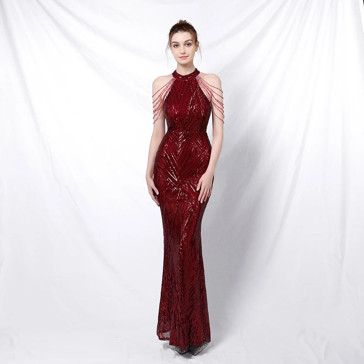 

Evening Dresses Burgundy Stretchy Beads Halter Collar Zipper Back Mermaid Trumpet Floor Length Women Party Formal Gowns YE003