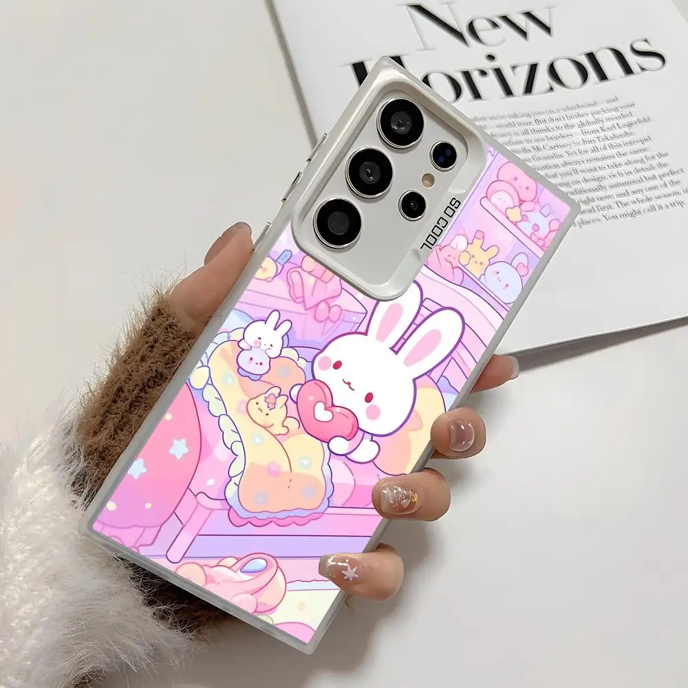 Casing Ponsel Kelinci Pink Kawaii Untuk Samsung Galaxy S25 Edge S24 S23 S22 S21 S20 Ultra Funda Silikon Penutup Perak