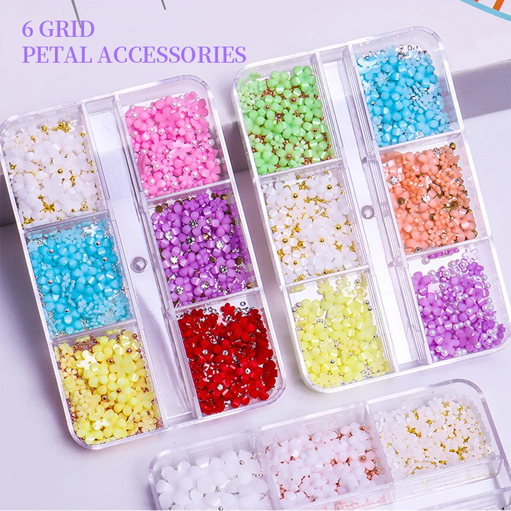 Hot Selling 6 Grids Macaron 3D Resin Five-petal Flowers Nail Art Deaoration Mixed Small Nail Ball/Crystal/Flamer Accessories