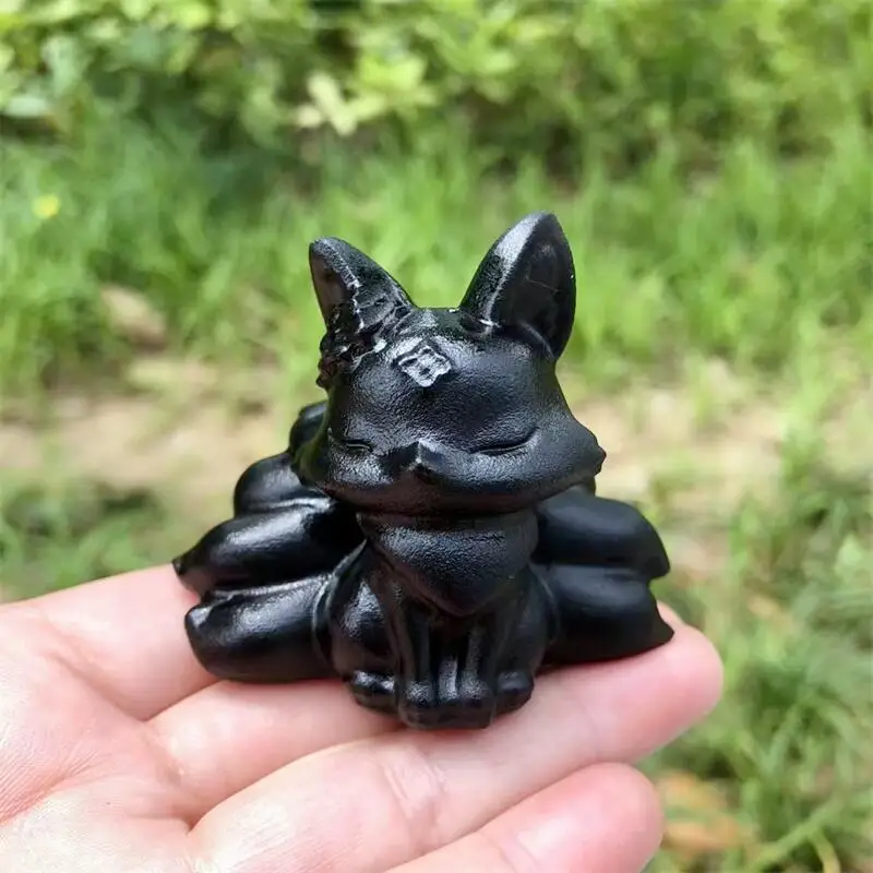 Natural Black Obsidian Nine-tailed Fox Fairy Carving Crystals Beautiful Gemstone For Home Decoration Collection Gift 1PCS