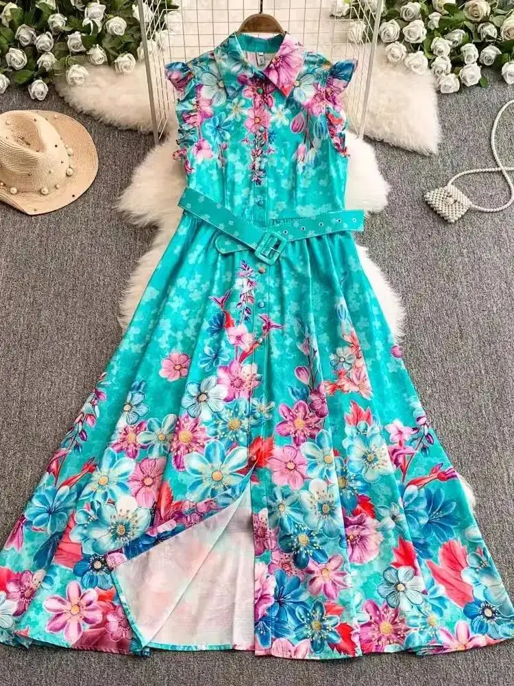 

Women Sleeveless Turn Down Collar Single Breasted Belt Floral Print Dress Summer Holiday Flying Sleeve Ruffles Long Vestidos