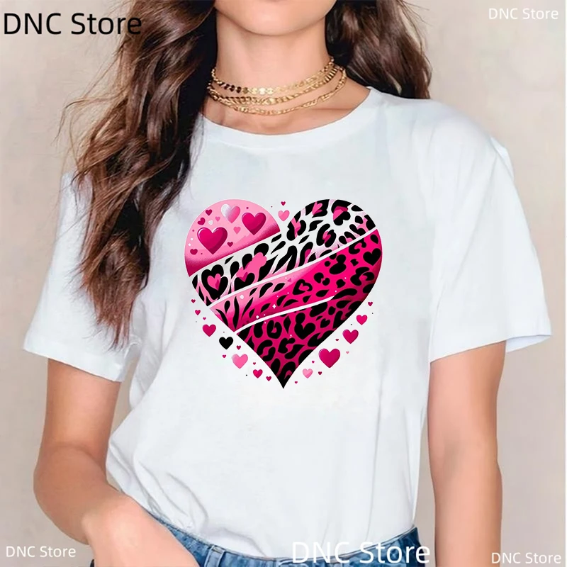 Leopard And Sunflowers Design T-Shirt Women,Heart With Leaves Print Femme Tshirt Fashion Trend White Short Sleeved Top Wholesale