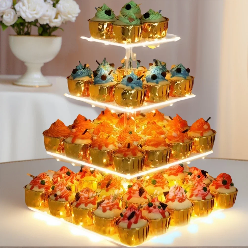 3/4/6 Tier Acrylic Dessert Display Stand with LED Light Square/Round Display Stand Serving Platter for Birthday Wedding Party
